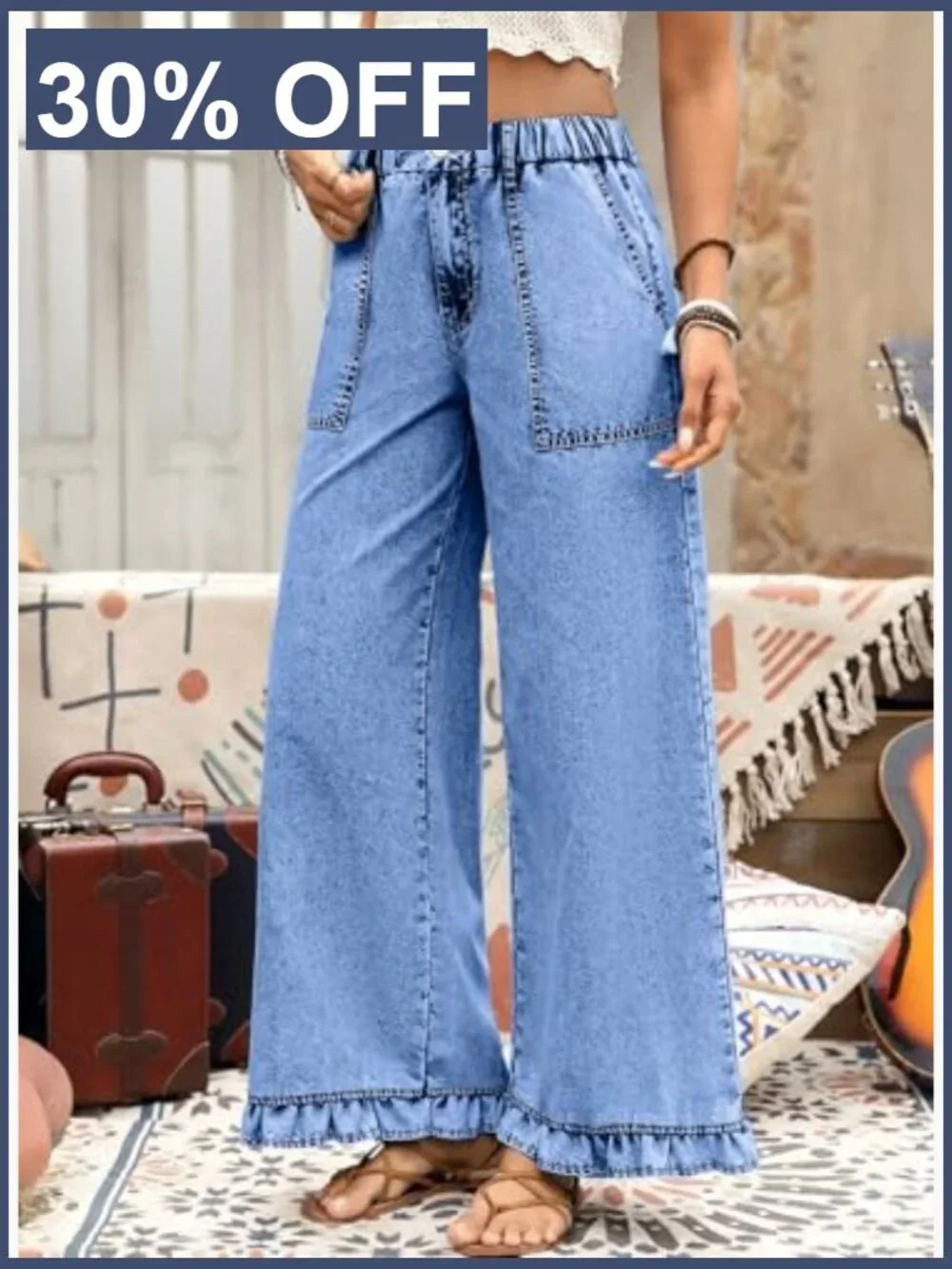 Wide Leg Jeans Stretch High Waist Baggy Trendy Denim Ruffle Hem Pants - Picture 2 of 7